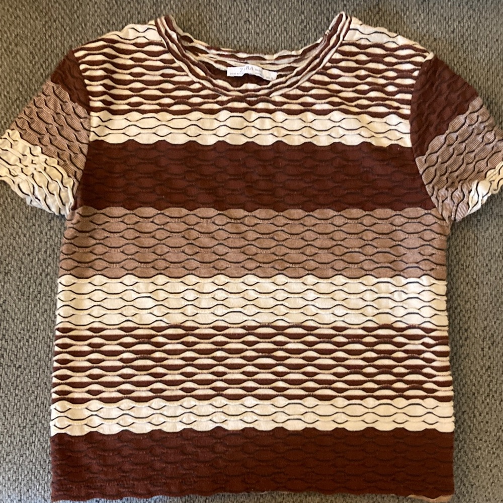 Zara Brown and Cream Striped Short Sleeve Top